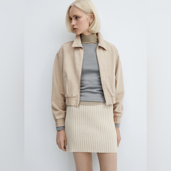 MNG Mango Beige Denim Bomber Jacket Womens Sz Large Minimalist Casual - Picture 1 of 6